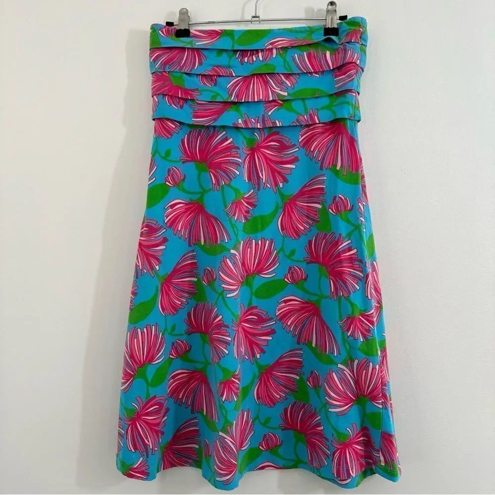Lily Pulitzer Petula Blue Lime Pink Print Knit Jersey Strapless Mini Dress Small